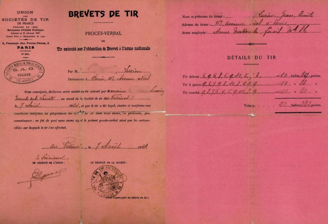 Brevet de tir du 7 août 1921